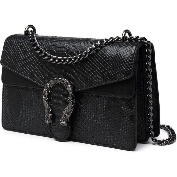 Handbags - Snake Print Leather Crossbody Bag for Women with Chain Strap and Clutch Style